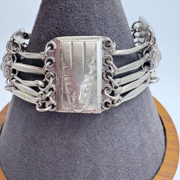 VTG Sterling Silver 925 Aztec Warrior Mask Wide Chunky Bracelet Size 7" Length - Picture 3 of 10